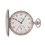 Omega, a silver keyless wind full hunter pocket watch