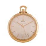 Omega, an 18 carat gold keyless wind open face slim line pocket watch