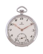 Omega, a white metal keyless wind open face pocket watch