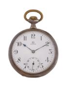 Omega, a silver keyless wind open face pocket watch