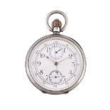 A silver keyless wind open face pocket watch