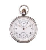 A silver keyless wind open face pocket watch