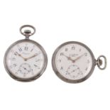 Longines, a silver coloured keyless wind open face pocket watch