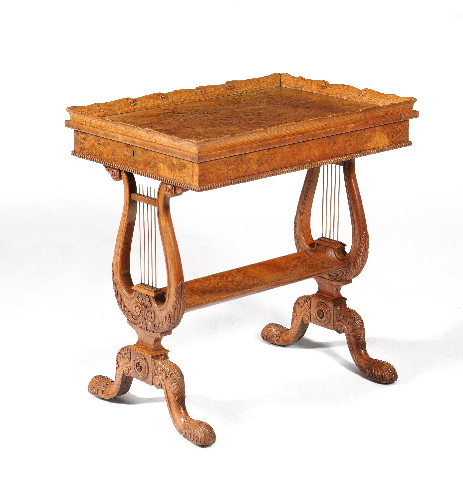 A George IV pollard oak, oak and metal mounted occasional table, attrinuted to Gillows