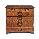 A William & Mary walnut and olivewood oyster veneered chest on stand