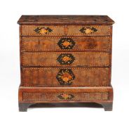 A William & Mary walnut and olivewood oyster veneered chest on stand