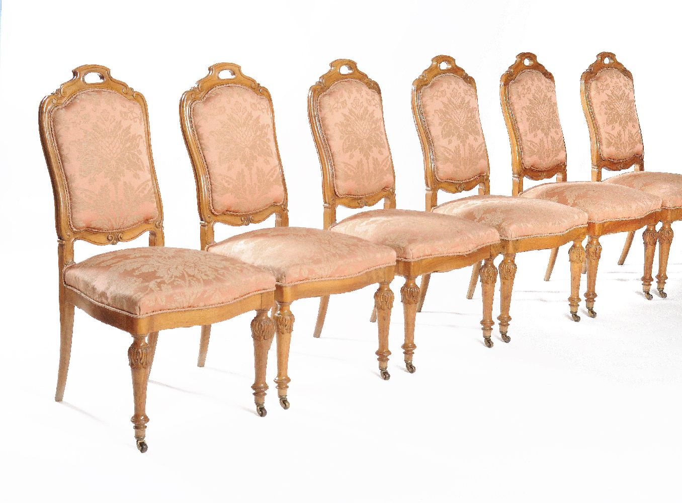 A set of eleven carved walnut and damask upholstered dining chairs - Image 2 of 4