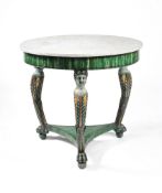 A Continental green painted and parcel gilt circular centre table