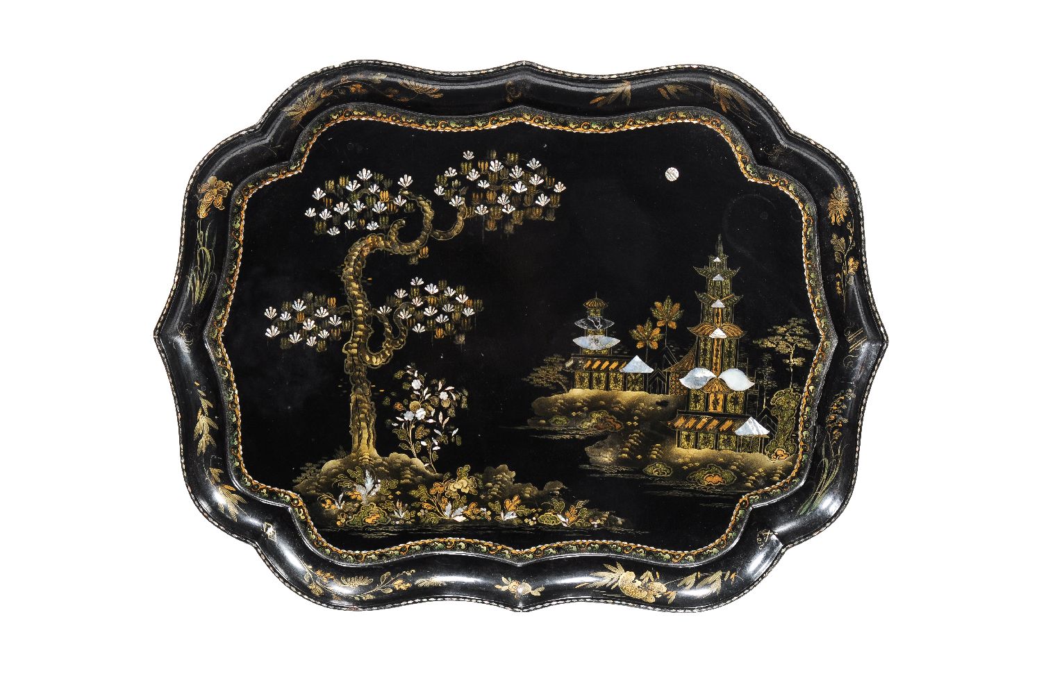 ϒ A companion pair of black lacquered papier mache and mother of pearl inlaid trays on stands - Image 3 of 5