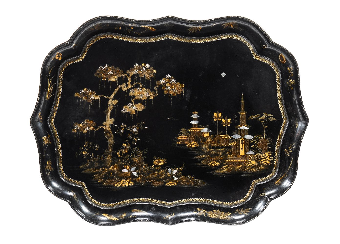 ϒ A companion pair of black lacquered papier mache and mother of pearl inlaid trays on stands - Image 2 of 5