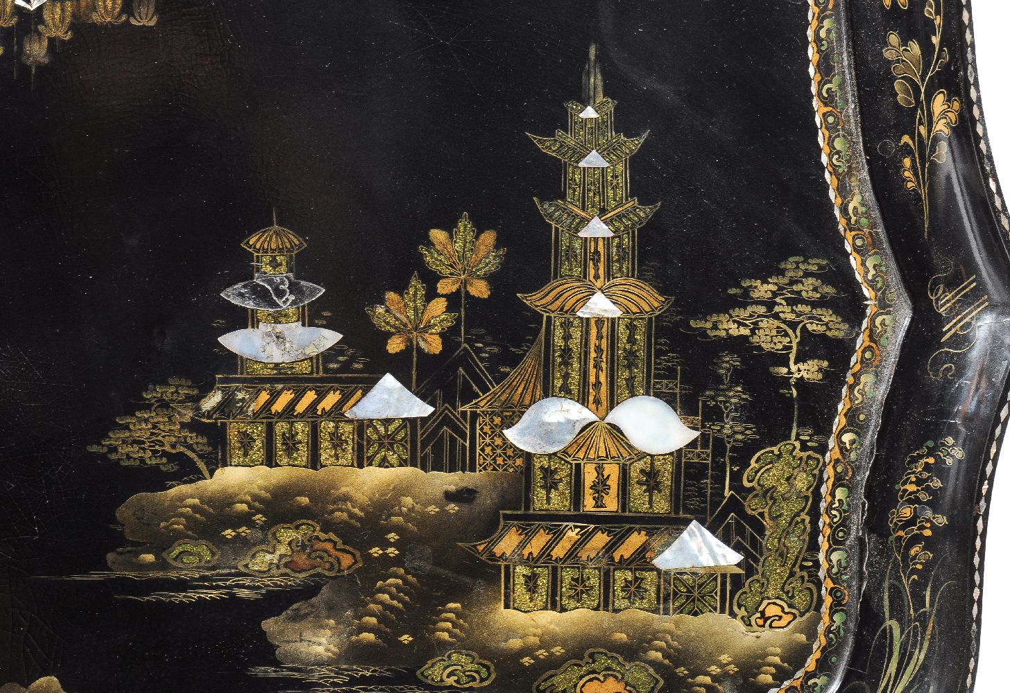 ϒ A companion pair of black lacquered papier mache and mother of pearl inlaid trays on stands - Image 4 of 5