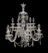 A pair of Continental moulded and cut glass twelve light chandeliers in late 18th century taste