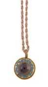 A late Victorian garnet and enamel pendant