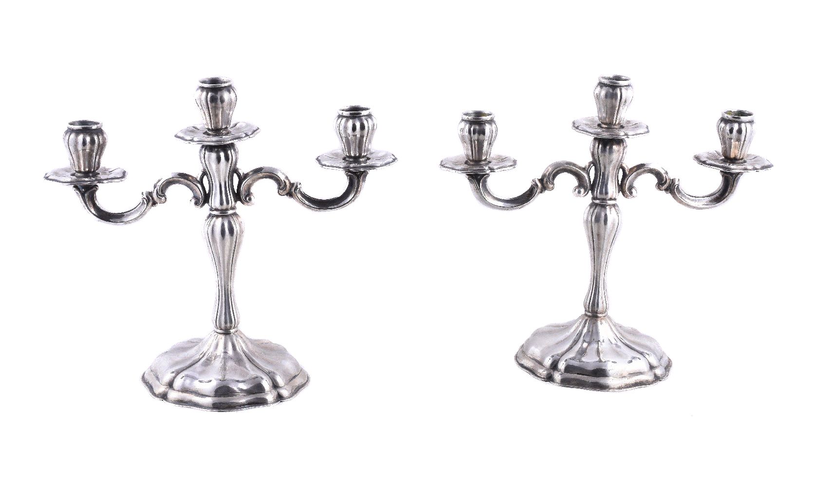 A pair of Italian silver coloured three light candelabra by Bruno & Cesare Zaramella