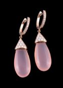 A pair of rose quartz and diamond earrings