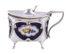 An Edwardian silver and Royal Worcester bone china straight-sided oval mustard pot by William Henry