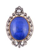 An early 20th century lapis lazuli, diamond and pearl locket brooch/pendant