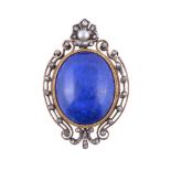 An early 20th century lapis lazuli, diamond and pearl locket brooch/pendant