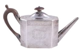 A George III silver canted-rectangular tea pot by Benjamin Mountigue