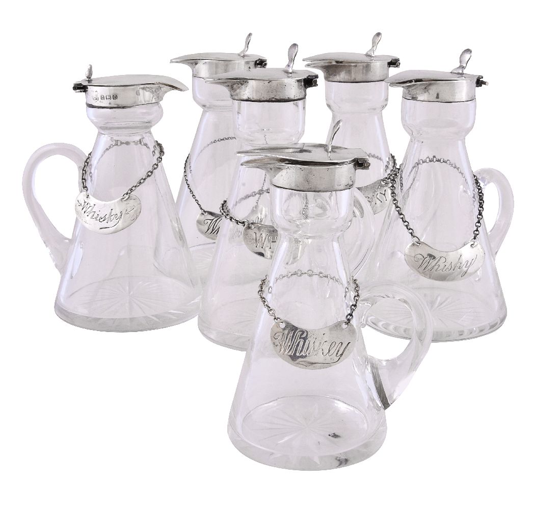 Six silver mounted glass whisky noggins