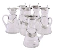 Six silver mounted glass whisky noggins