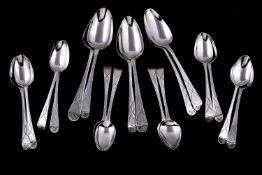 A set of six George III silver old English bright-cut table and twelve dessert spoons by John Lambe