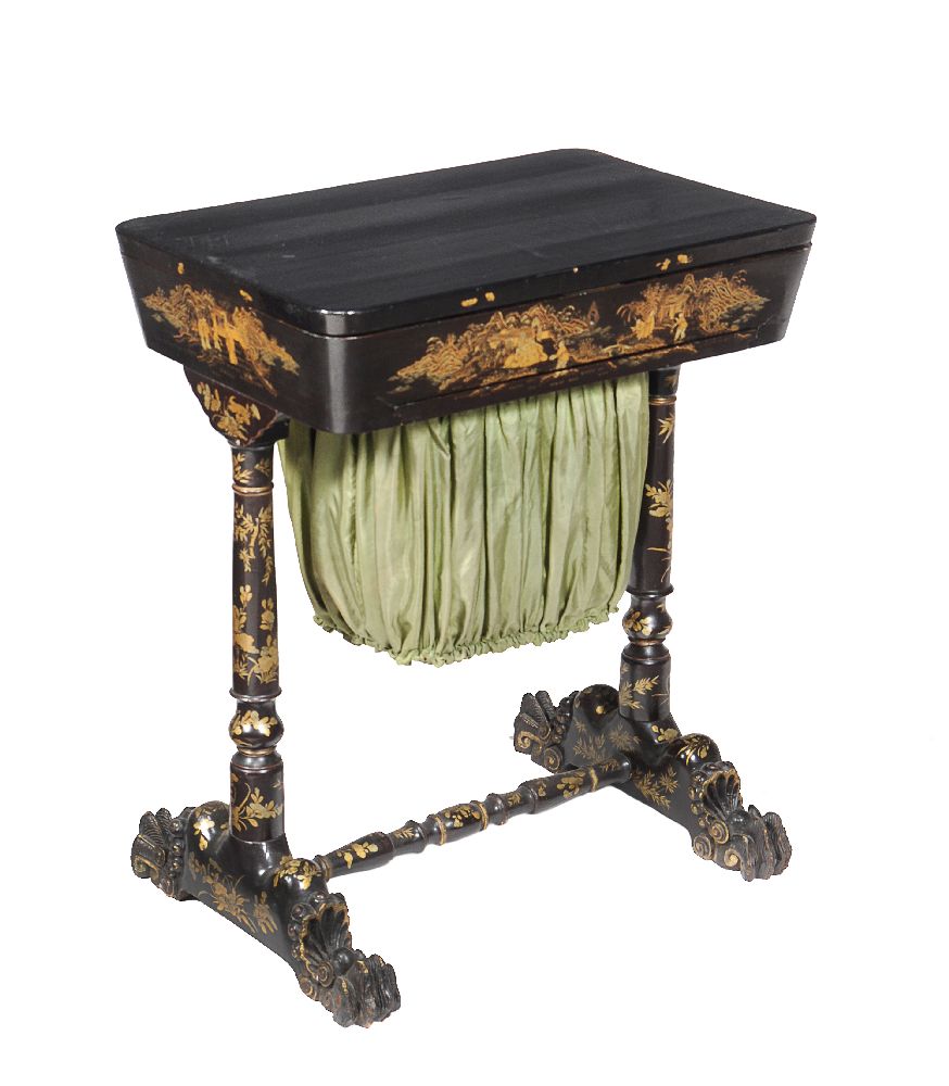A Chinese export black lacquered and parcel gilt work table