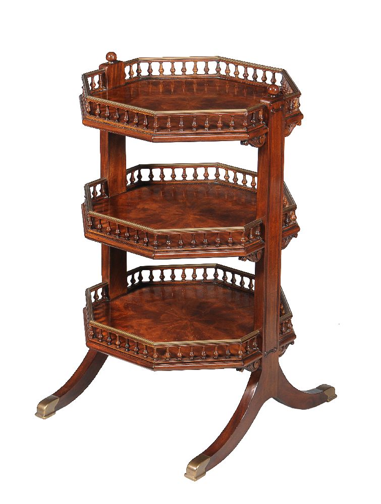 A set of four mahogany and brass mounted octagonal three tier étagères - Image 4 of 5