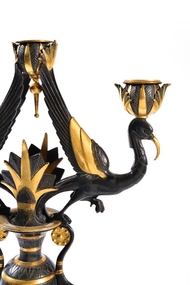 ‡ A pair of French black patinated & parcel gilt bronze three light candelabra - Image 3 of 4