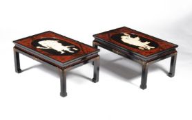 ‡ ϒ A pair of Japanese lacquer and ivory mounted topped low tables on later Chinoiserie bases