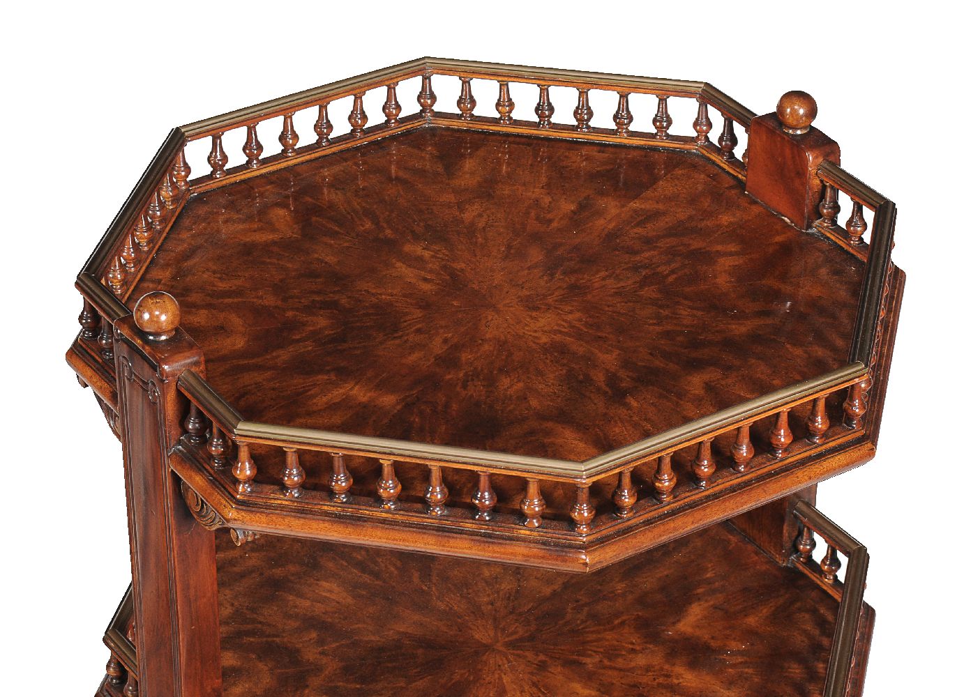A set of four mahogany and brass mounted octagonal three tier étagères - Image 3 of 5