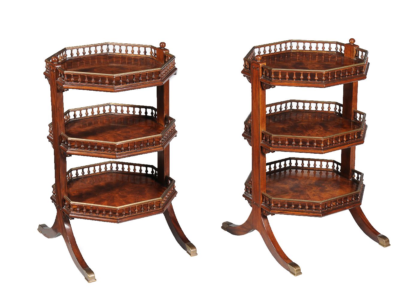 A set of four mahogany and brass mounted octagonal three tier étagères - Image 2 of 5