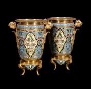 ‡ A pair of gilt metal and champlevé enamel twin-handle vases in the Orientalist taste