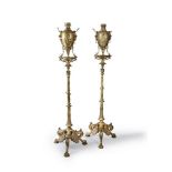 A pair of French gilt bronze standard oil lamps in the Pompeiian Revival taste