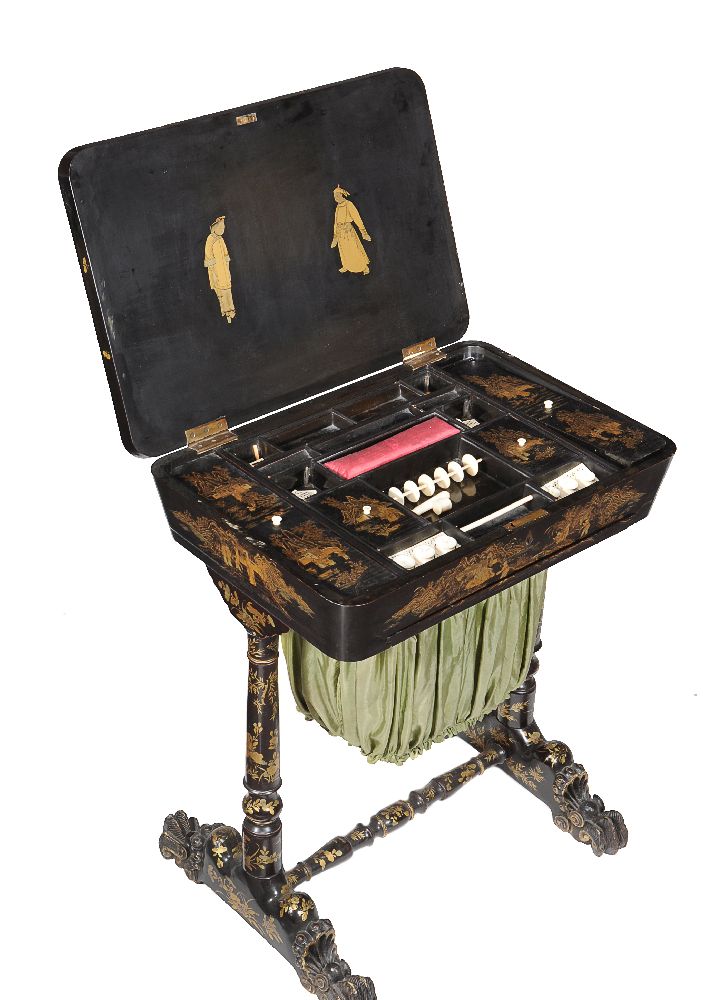 A Chinese export black lacquered and parcel gilt work table - Image 2 of 3
