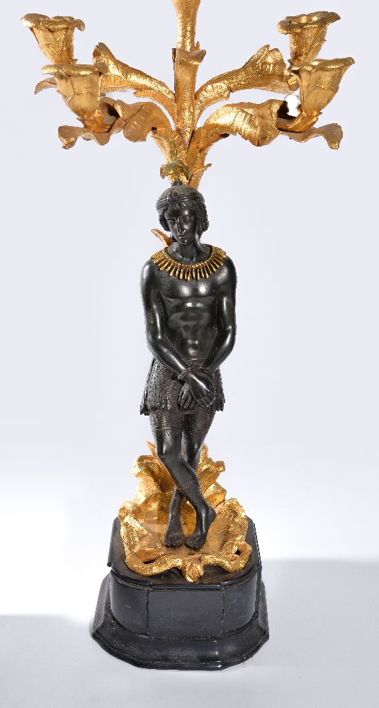 A pair of French parcel gilt and patinated bronze five light figural candelabra - Image 2 of 2