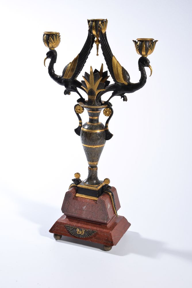 ‡ A pair of French black patinated & parcel gilt bronze three light candelabra - Image 2 of 4