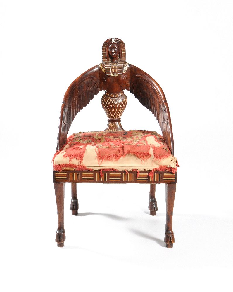 ‡ ϒ A carved hardwood and mother-of-pearl, bone and ivory inlaid ‘Egyptomania’ armchair - Image 2 of 4