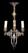 ‡ A French gilt metal and champlevé enamelled three light chandelier in the Islamic taste