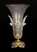 ‡ A champlevé enamelled & gilt metal mounted engraved glass vase in the manner of examples by Maison