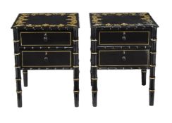 A pair of ebonised and parcel gilt bedside tables