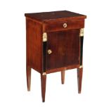A companion pair of cherry wood and ebonised bedside tables in Louis Philippe style