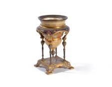‡ A French champlevé enamel & gilt metal mounted onyx Orientalist urn in stand in the manner of exam
