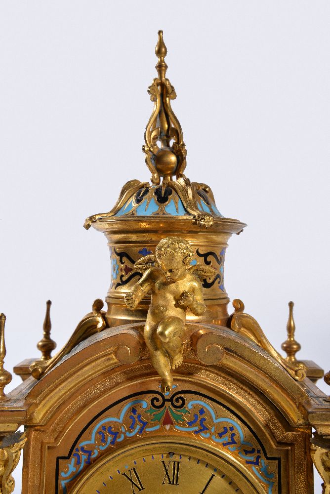 ‡ A French gilt bronze and champlevé enamel clock garniture in Renaissance Revival taste - Image 2 of 3
