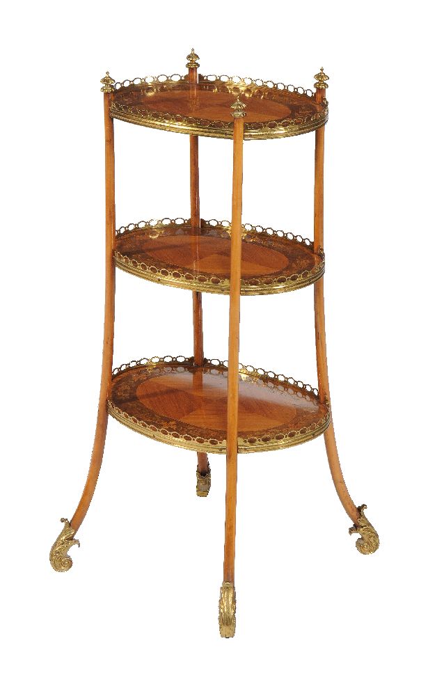 A rosewood, marquetry inlaid, and gilt metal mounted étagère