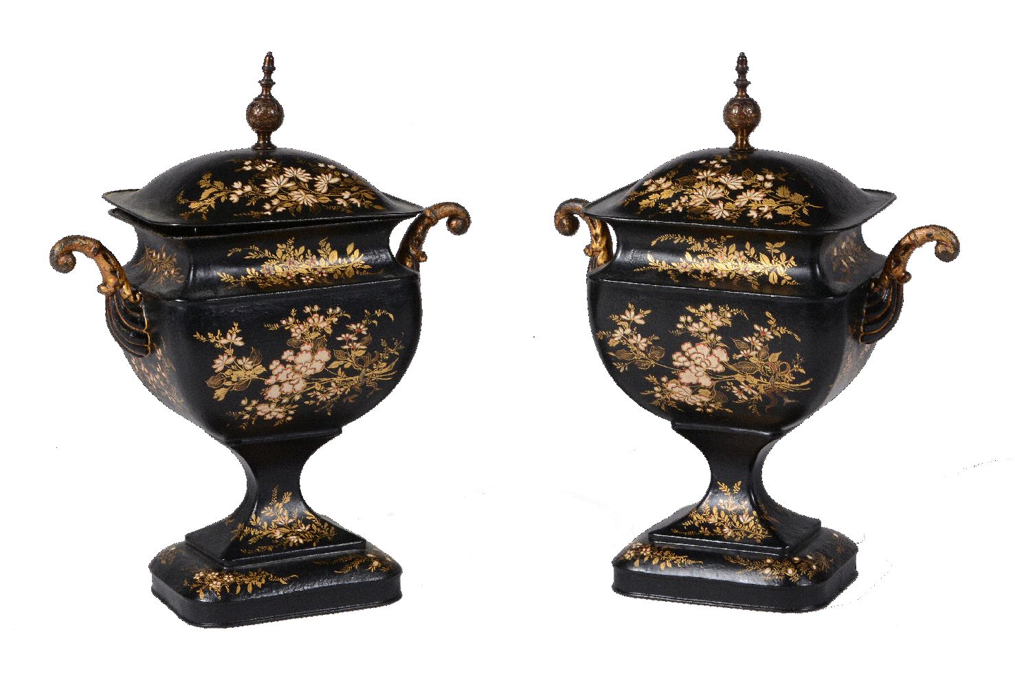 A pair of Regency painted and parcel gilt toleware pedestal urns and covers - Image 2 of 2