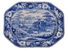 A Staffordshire blue and white printed pearlware 'Game Keeper' pattern shaped octagonal meat dish