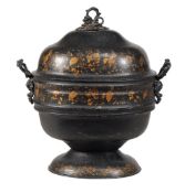 A Regency or George IV black japanned toleware coalbox