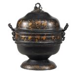 A Regency or George IV black japanned toleware coalbox