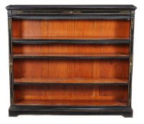 An Aesthetic Movement ebonised and parcel gilt open bookcase